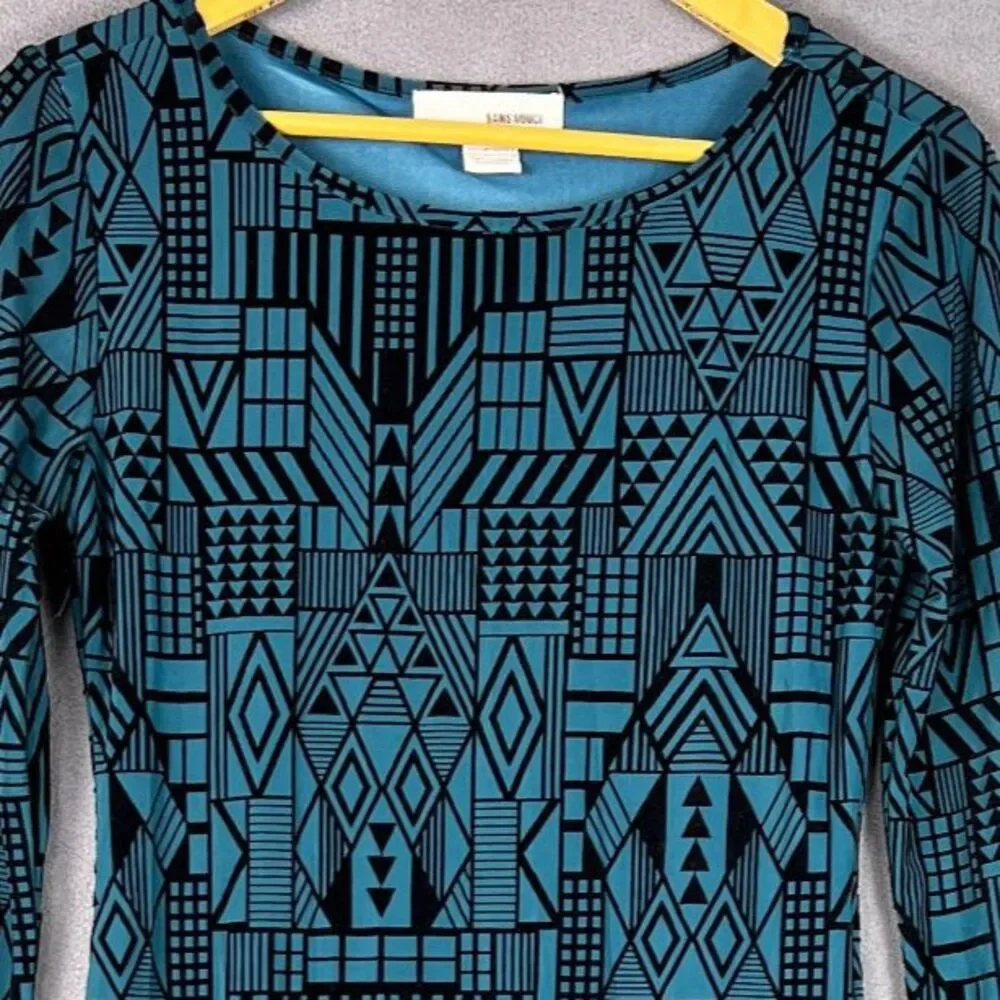 Sans Souci Teal Black Velvet Flocked Geometric Bodycon Midi Dress Womens Size M